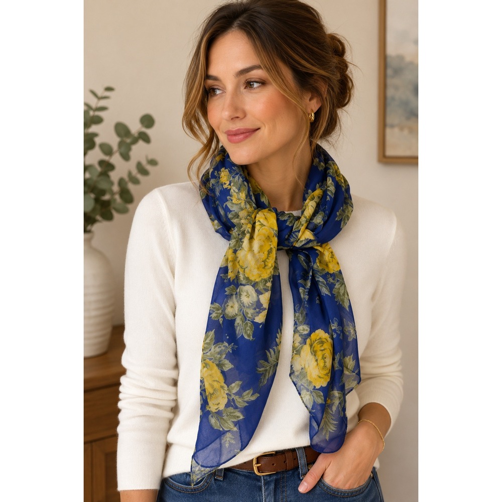 Vintage April Cornell Scarf Women‎ OS Blue Floral Rayon Lightweight Square Wrap